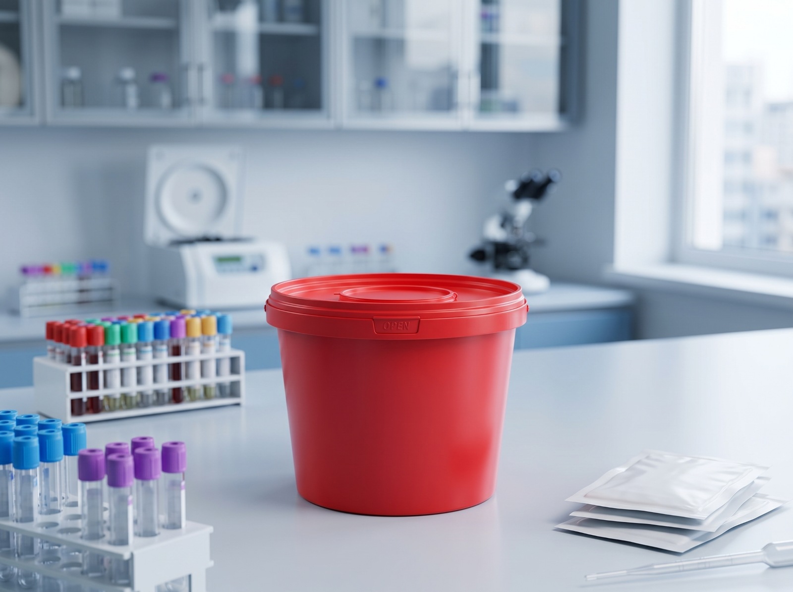 Red 2.3 liter medical waste bucket on a lab bench next to a test tube rack