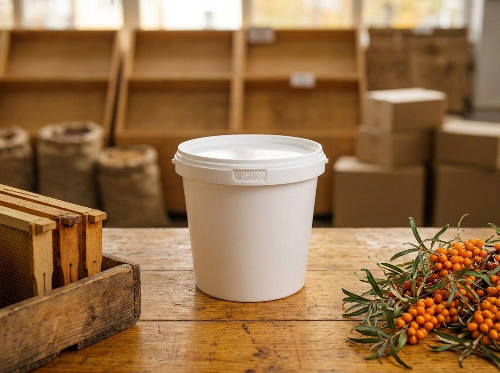 White 1 L plastic bucket with lid on a counter in the honey aisle of an indoor market in Oskemen, next to sea buckthorn branches