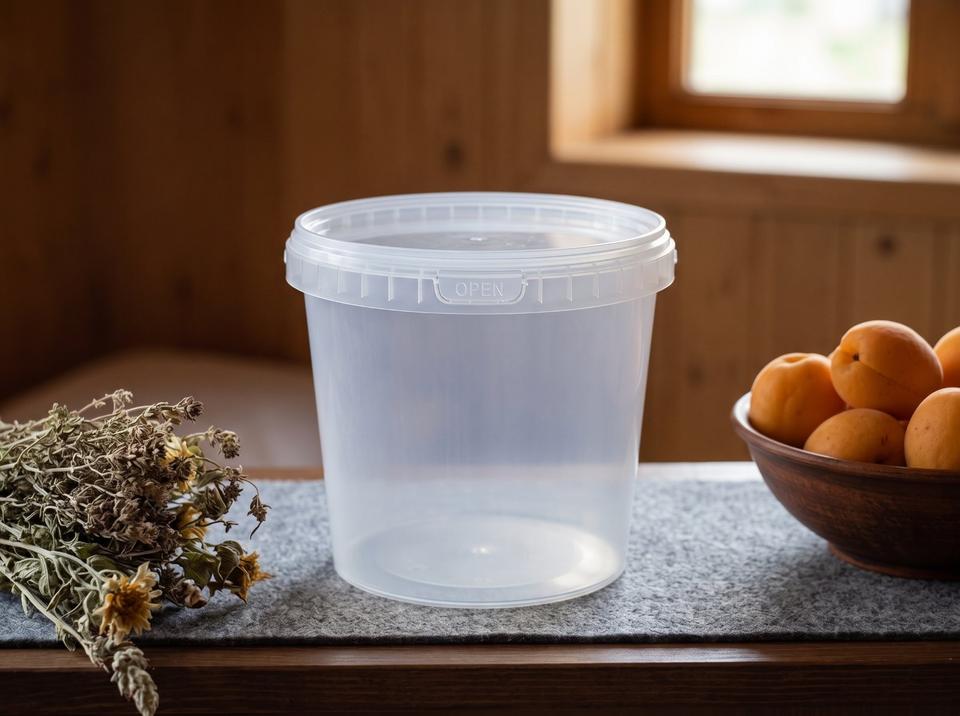Clear 1 liter plastic bucket with lid on a shelf with a felt runner in a guest house in Bokonbayevo, next to a bunch of dried herbs