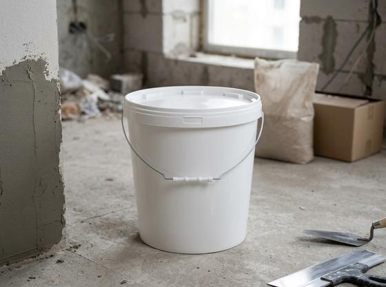 White 21 L plastic bucket with metal bail handle on the concrete floor of an apartment under construction, next to a putty knife and a trowel