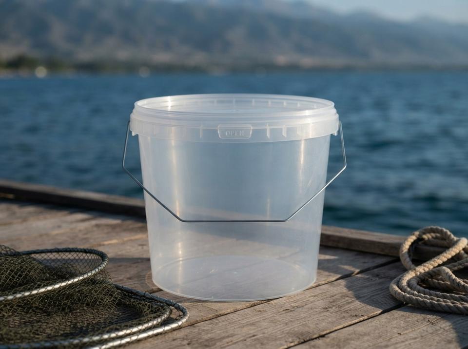 Clear 3.8 L plastic bucket with lid on a wooden pier on Lake Issyk-Kul, next to a folded keepnet