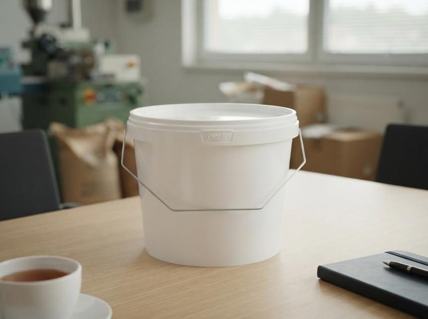 White 2.3 L plastic bucket with lid and bail handle on a wooden meeting room table next to a cup of tea