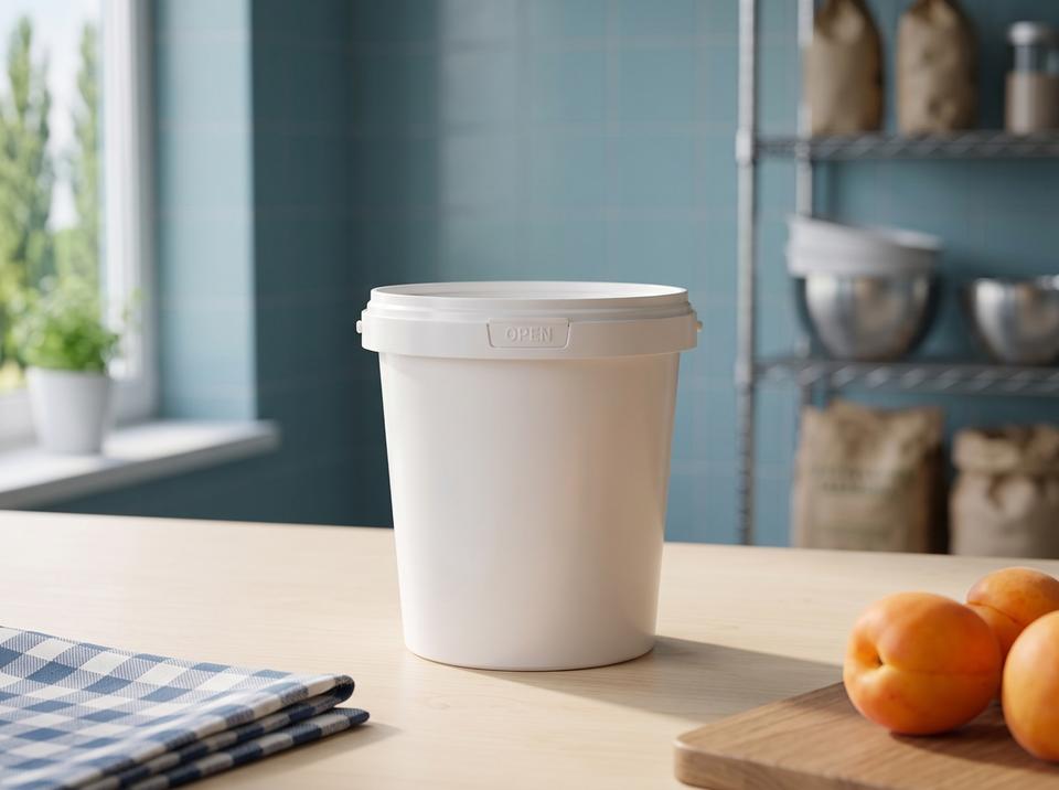 850 ml plastic bucket on a wooden table in a pastry kitchen in Kant