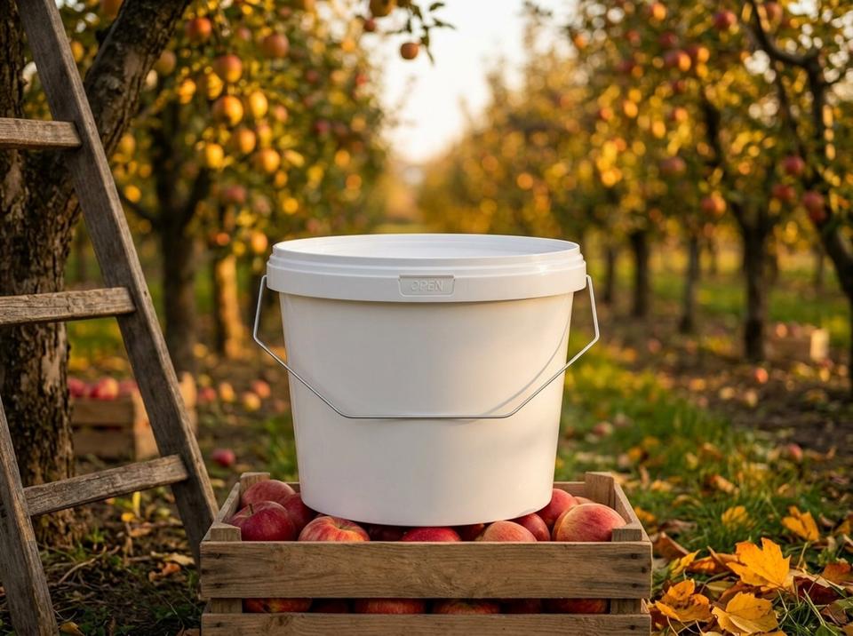 White 2.3 L plastic bucket with lid and metal bail handle on a wooden crate of red apples in a fall orchard near Taldykorgan