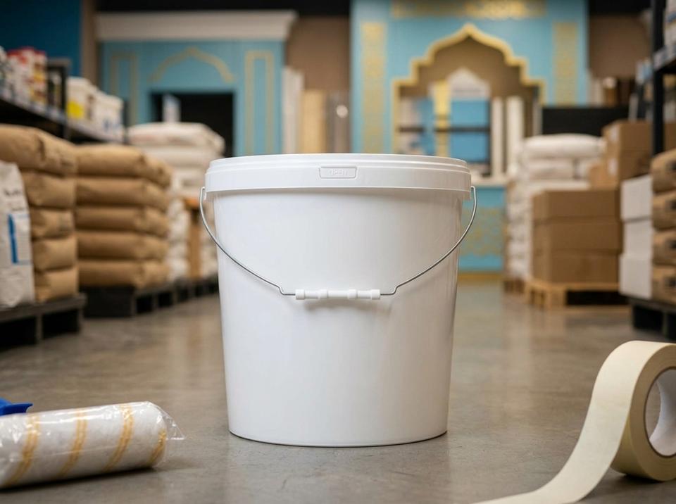 White 15 L plastic bucket with metal bail handle, plastic grip, and lid on the concrete floor of a building materials store in Astana