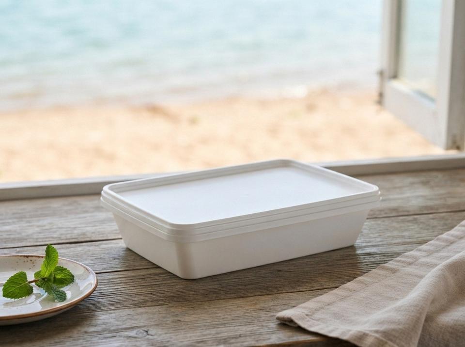 White 750 ml flat plastic tray with a lid on the wooden counter of a beach cafe, with the reservoir visible through the window and a sprig of mint nearby