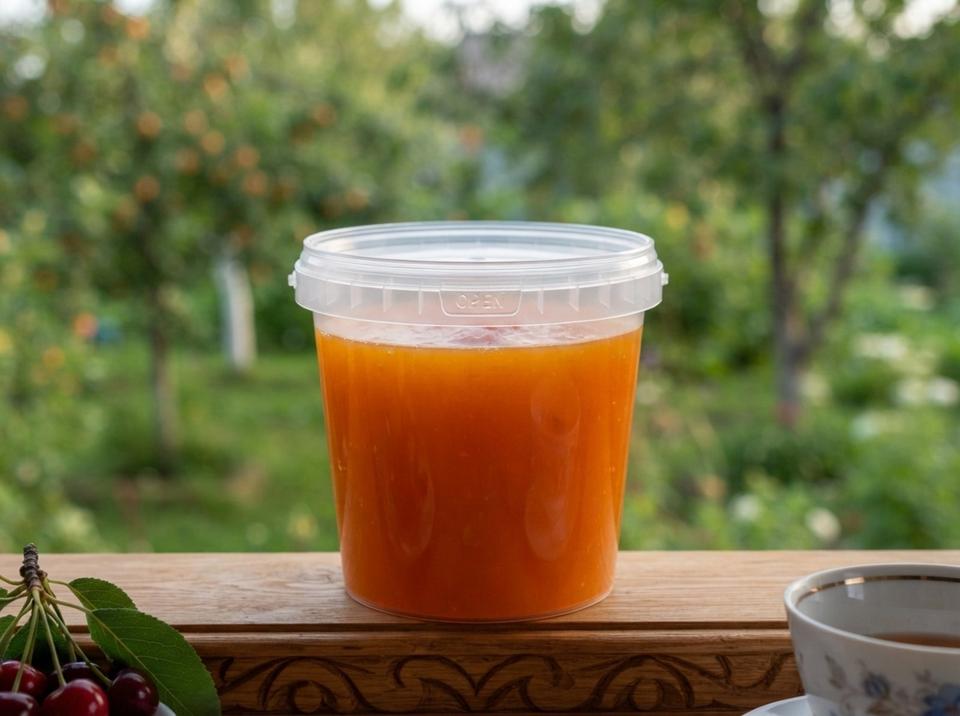 Clear 1 L plastic bucket of apricot preserves with lid on a carved veranda windowsill, next to a tea bowl