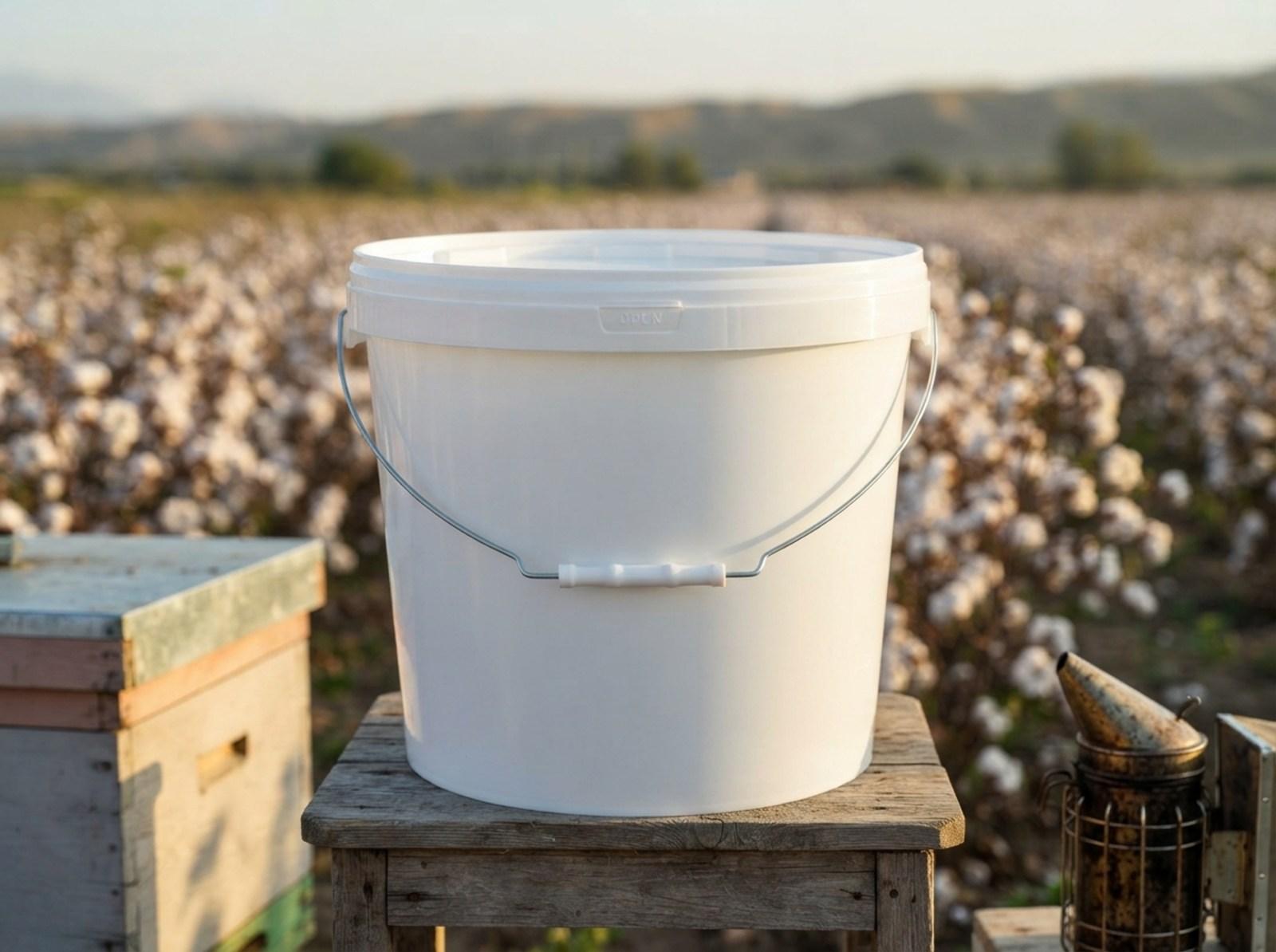 White 18 L plastic bucket with lid and metal bail handle with plastic grip on a wooden stand by an apiary at the edge of a cotton field with open bolls