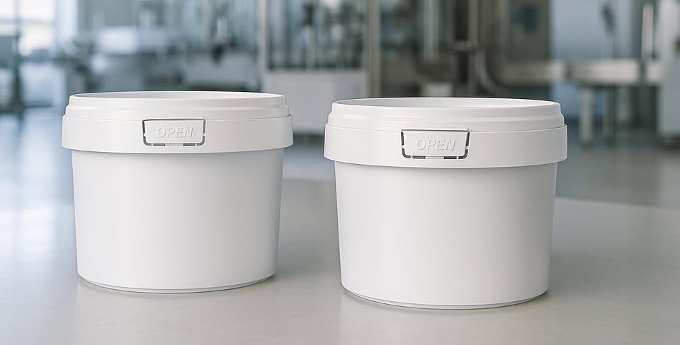 Two buckets with lids on a table in a filling room