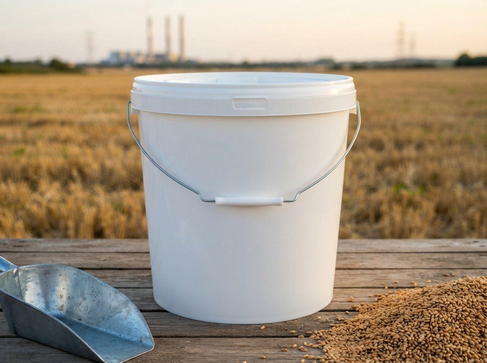 White 21 L plastic bucket with lid and metal bail handle with plastic grip on a farm's wooden platform, a feed scoop on the left, a pile of wheat on the right, stubble fields and power plant stacks behind