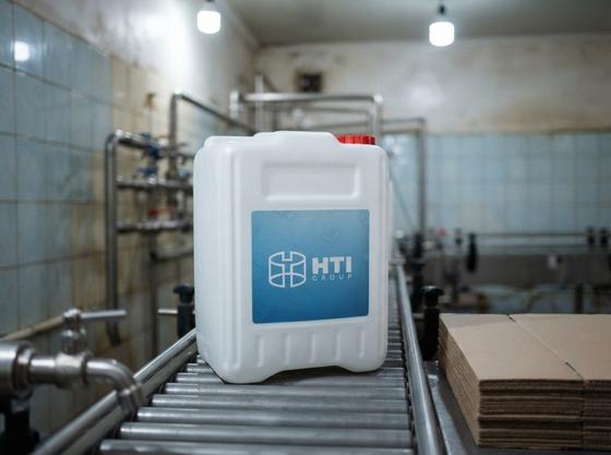 White 10 L plastic jerry can with cap on a roller conveyor in a filling plant in the Chuy Valley next to a filling valve