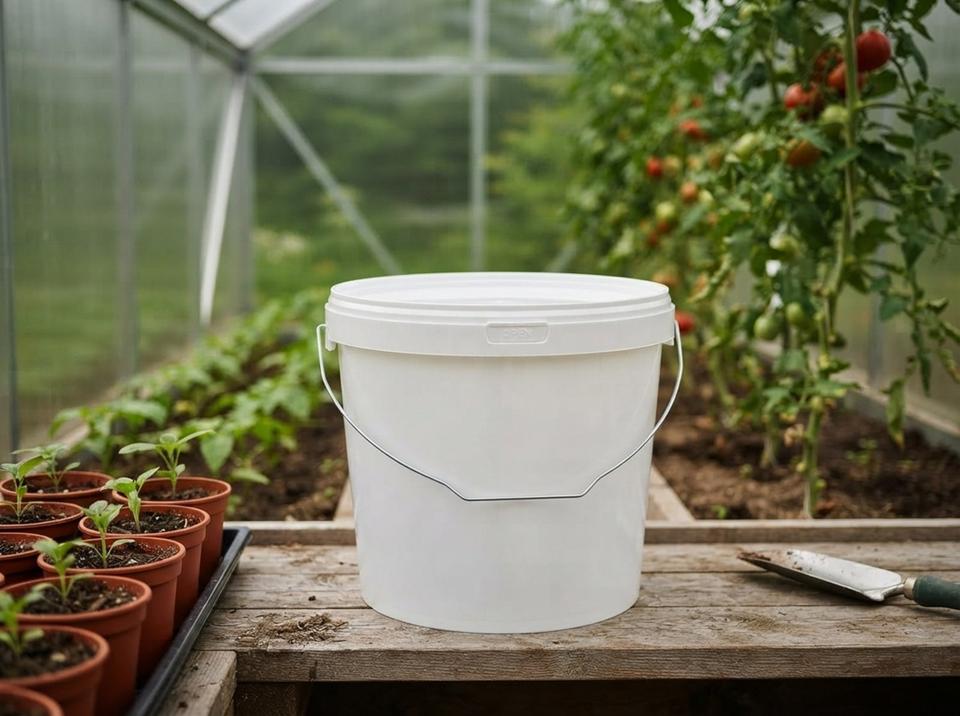 White 5.6 L plastic bucket with metal bail handle and lid on a wooden greenhouse shelf next to seedling pots