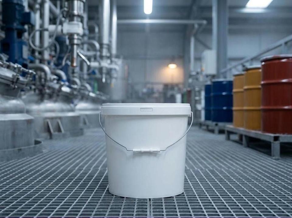 涂料生产车间里装有涂料的 21 升塑料桶