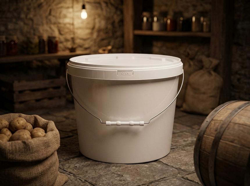 White 11.5 L plastic bucket with metal bail handle on the stone floor of a cellar, next to an oak barrel