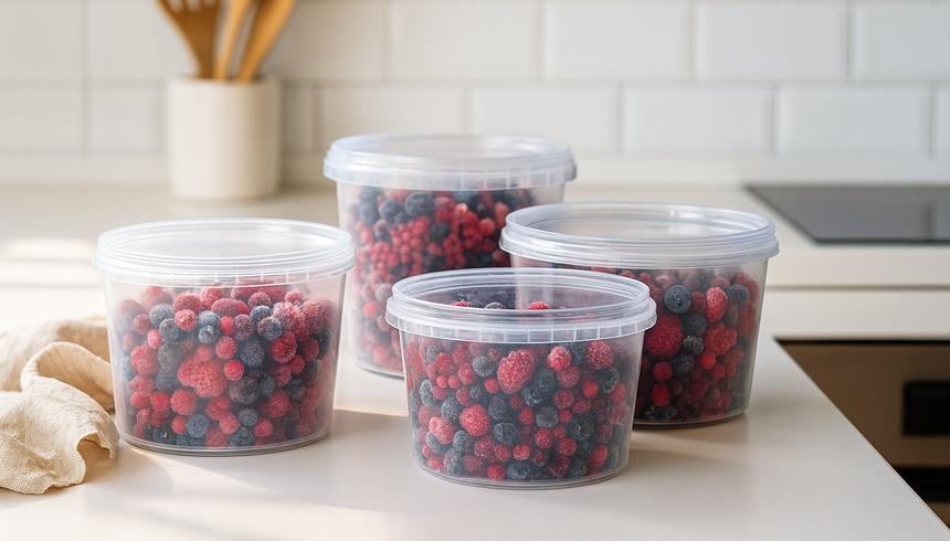 Containers and buckets with berries in a kitchen