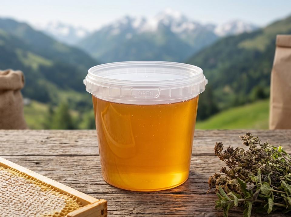 Clear 1 L plastic bucket of honey on the wooden counter of a roadside stand with mountains in the background