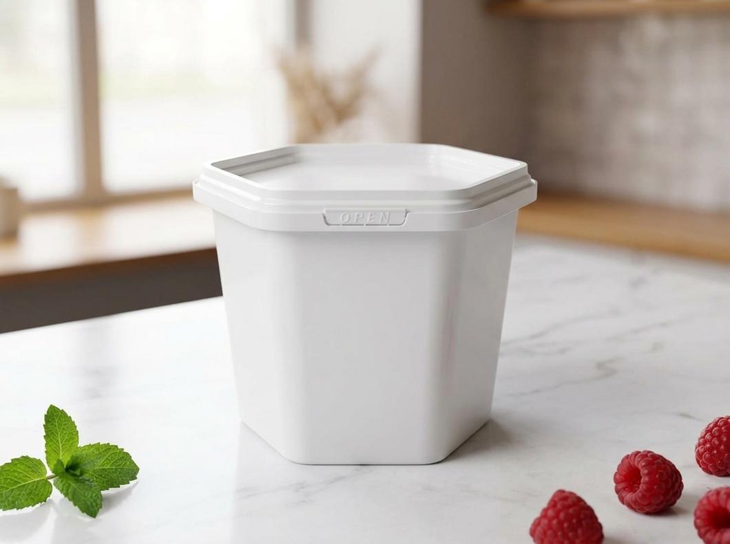 White hexagonal plastic 400 ml container with lid on a marble counter at a Bishkek pastry shop next to a mint sprig and raspberries