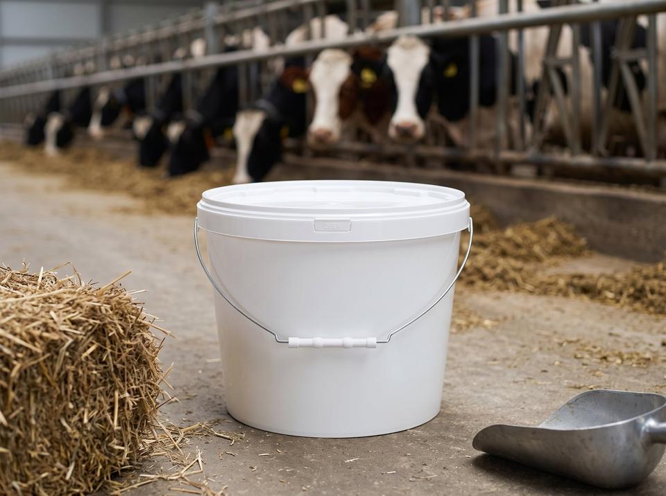 White 11.5 L plastic bucket with lid and metal bail handle with plastic grip on the concrete floor of a dairy farm feed alley, next to a hay bale
