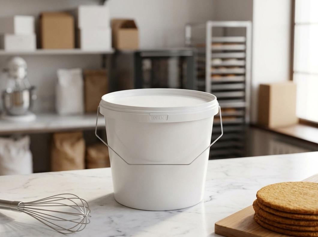White 3.8 L plastic bucket with lid and metal bail handle on a marble pastry shop table next to a whisk and honey cake layers