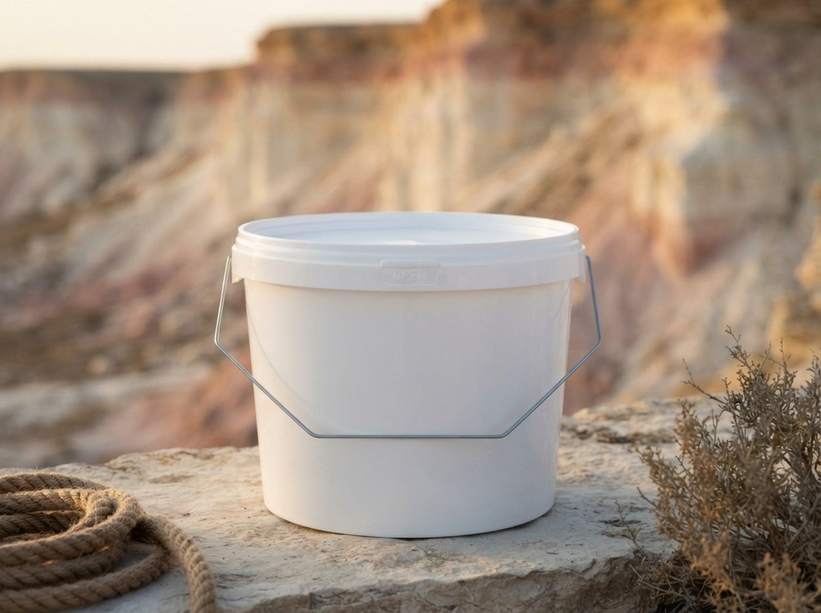 White 3 L plastic bucket with lid and metal bail handle on a limestone ledge against the white and pink chalk cliffs of Mangystau