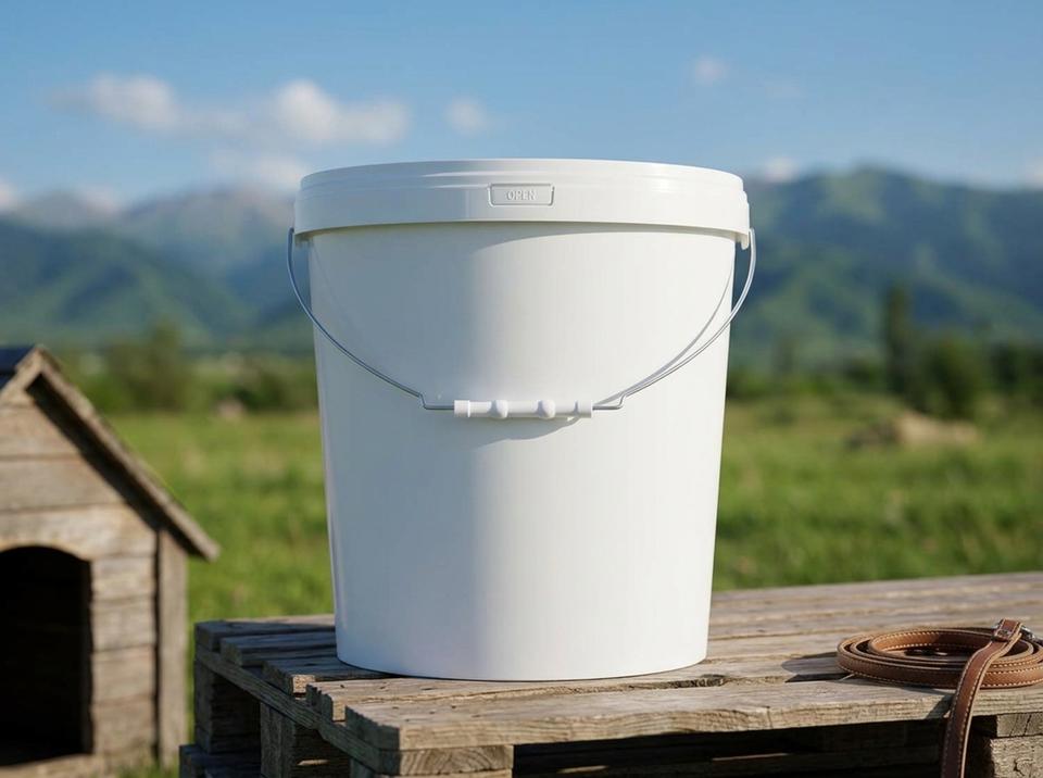 White 21 L plastic bucket with bail handle, plastic grip, and lid next to a wooden doghouse at a kennel near Bishkek
