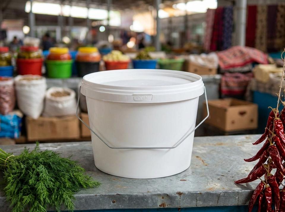 White 3 L plastic bucket with lid on a galvanized counter in the pickle row at a bazaar, next to a bunch of dill