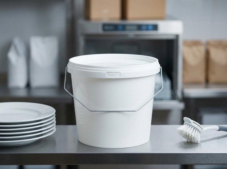 White 3.8 L plastic bucket with metal bail handle and lid on a steel shelf next to a cafe dishwasher and a stack of clean plates