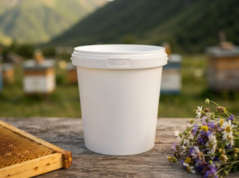White 850 ml plastic bucket with lid on a wooden table by an apiary in the Kemin Valley, next to a honeycomb frame, with a mountain slope behind