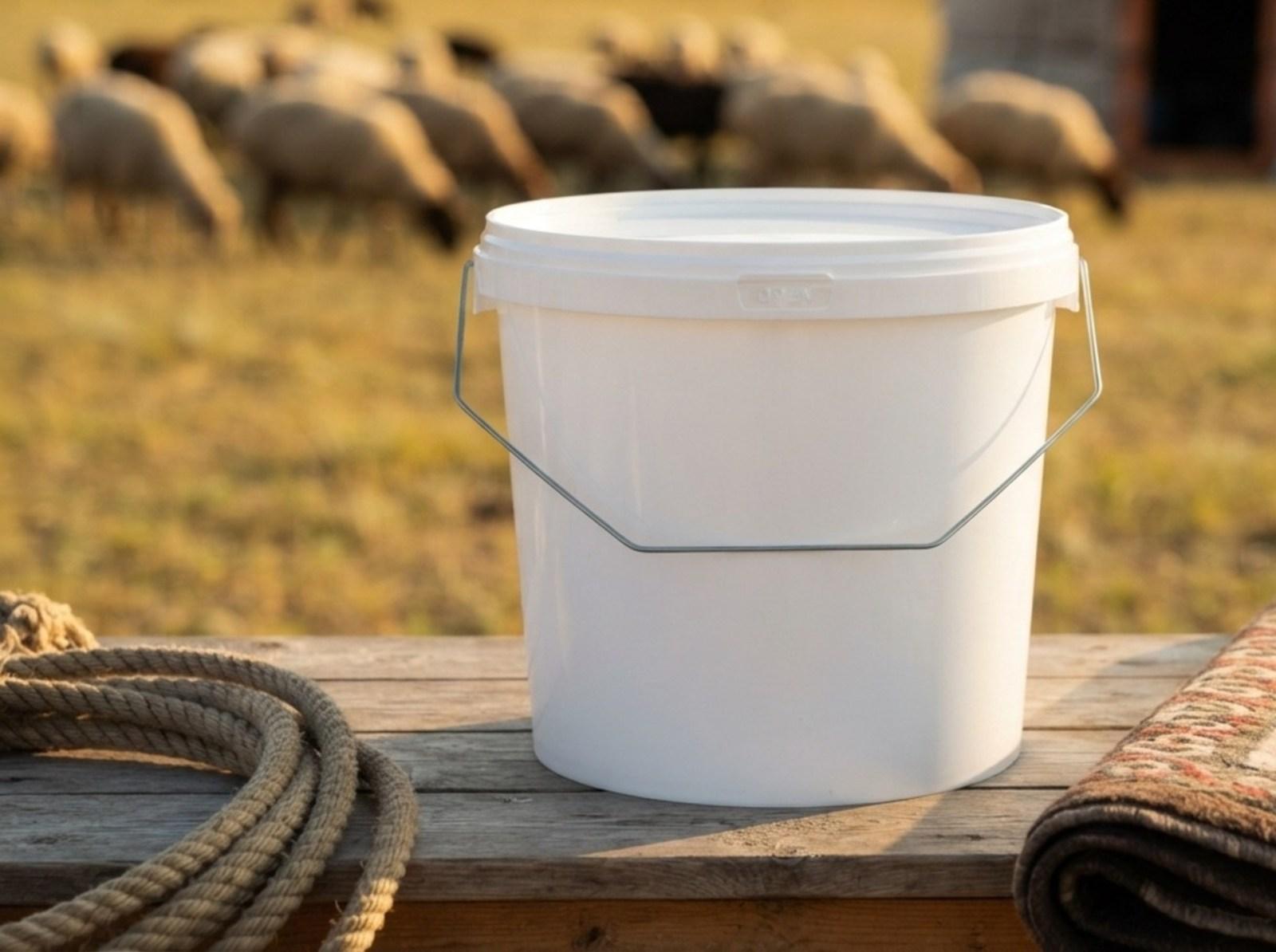 White 3.8 L plastic bucket with lid and metal bail handle on a low table by a felt yurt on the steppe near Ayagoz, a coiled horsehair rope on the left, a folded felt rug on the right, and a flock of sheep behind