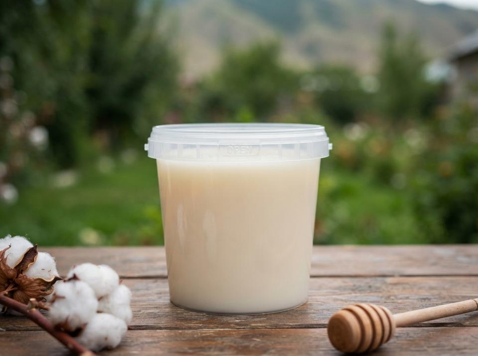 Clear 1 L plastic bucket of light honey on a wooden terrace table next to a sprig of cotton