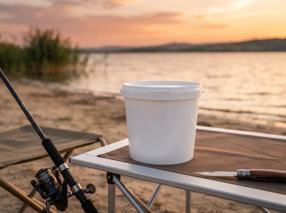 White 1 L plastic bucket with lid on an angler's folding table on the sandy shore of the reservoir