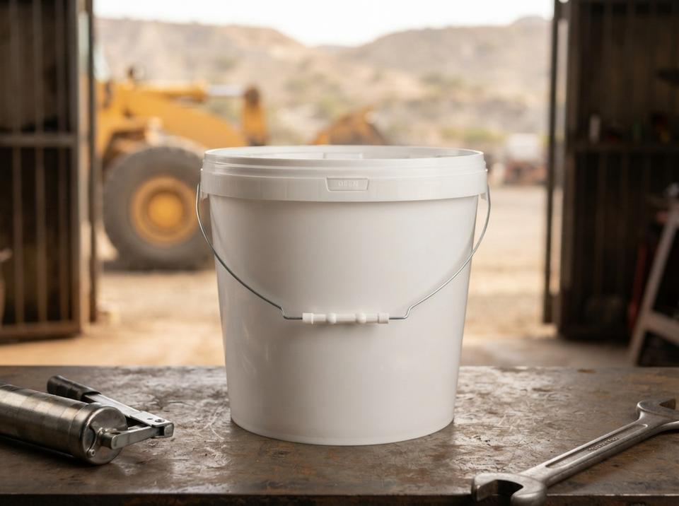 White 18 L plastic bucket with lid and metal bail handle with plastic grip, on a workbench in a mining equipment workshop, next to a grease gun