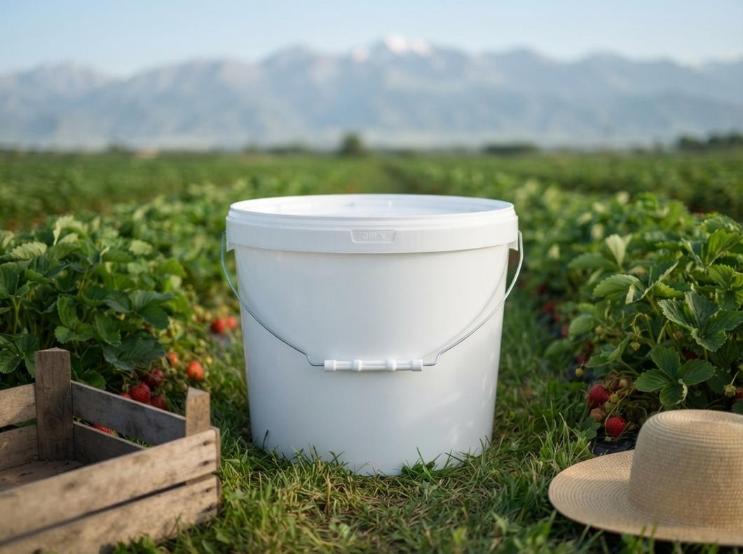 White 11.5 L plastic bucket with lid and metal bail handle on the grass between strawberry beds in the Chuy Valley
