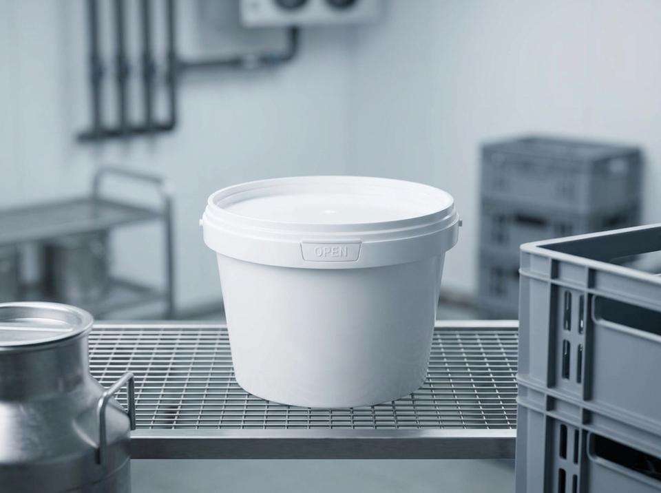 White 800 ml plastic bucket with lid on a stainless steel rack in a dairy plant cold room in Petropavl