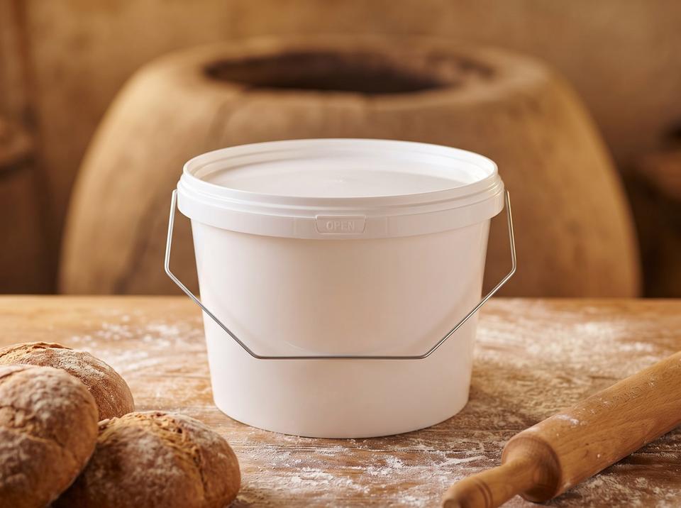 White 3 L plastic bucket with lid and metal bail handle on a flour-dusted wooden table in a village bakery, next to round loaves and a rolling pin