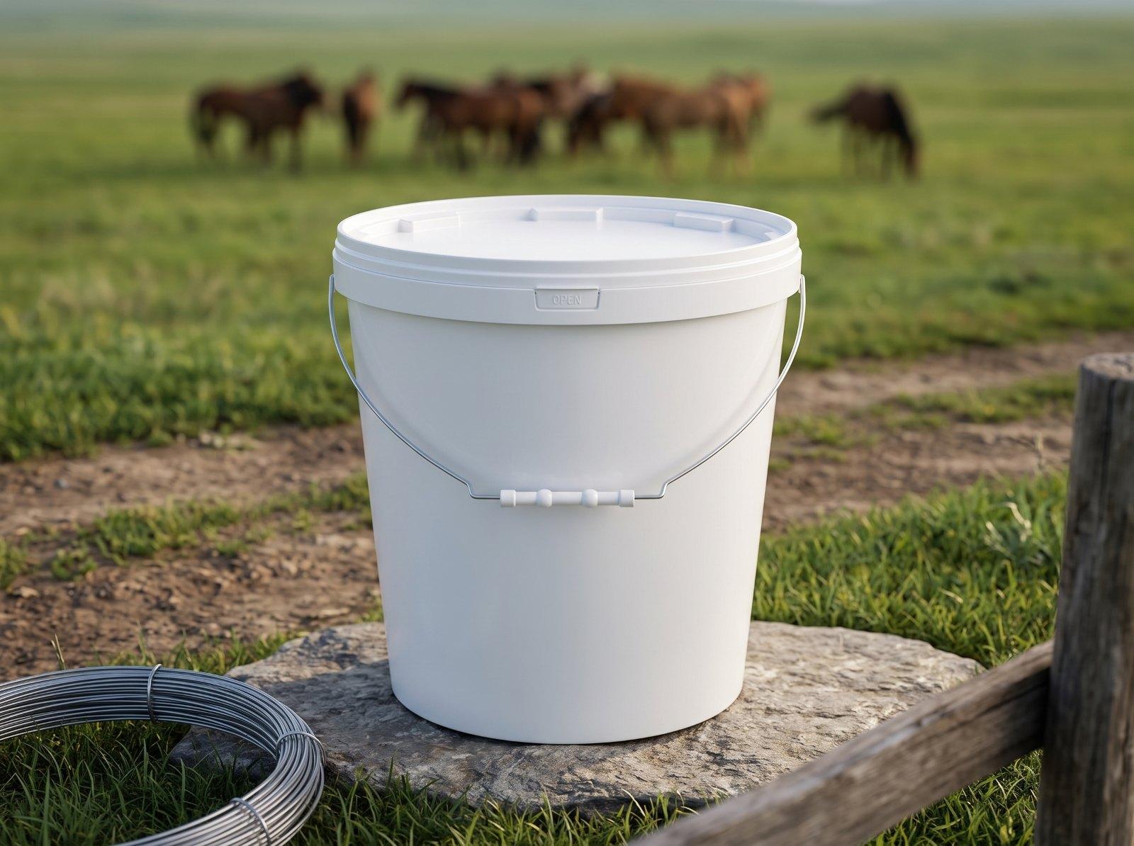 White 21 L plastic bucket with lid and metal bail handle with plastic grip on a flat stone by a steppe road, a herd of horses in the distance
