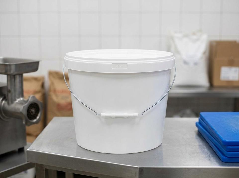 White 11.5 L plastic bucket with lid and metal bail handle on a stainless steel table in a ready-to-cook meat production shop