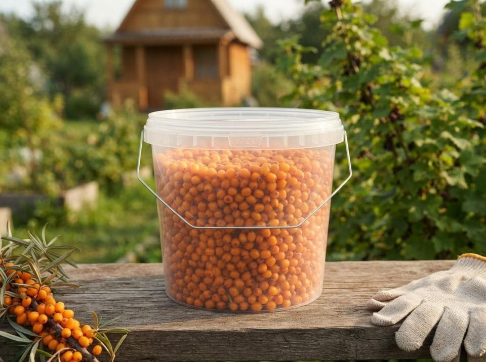 Clear 3.8 L plastic bucket of sea buckthorn on a wooden bench at a dacha near Lisakovsk, next to a sea buckthorn branch