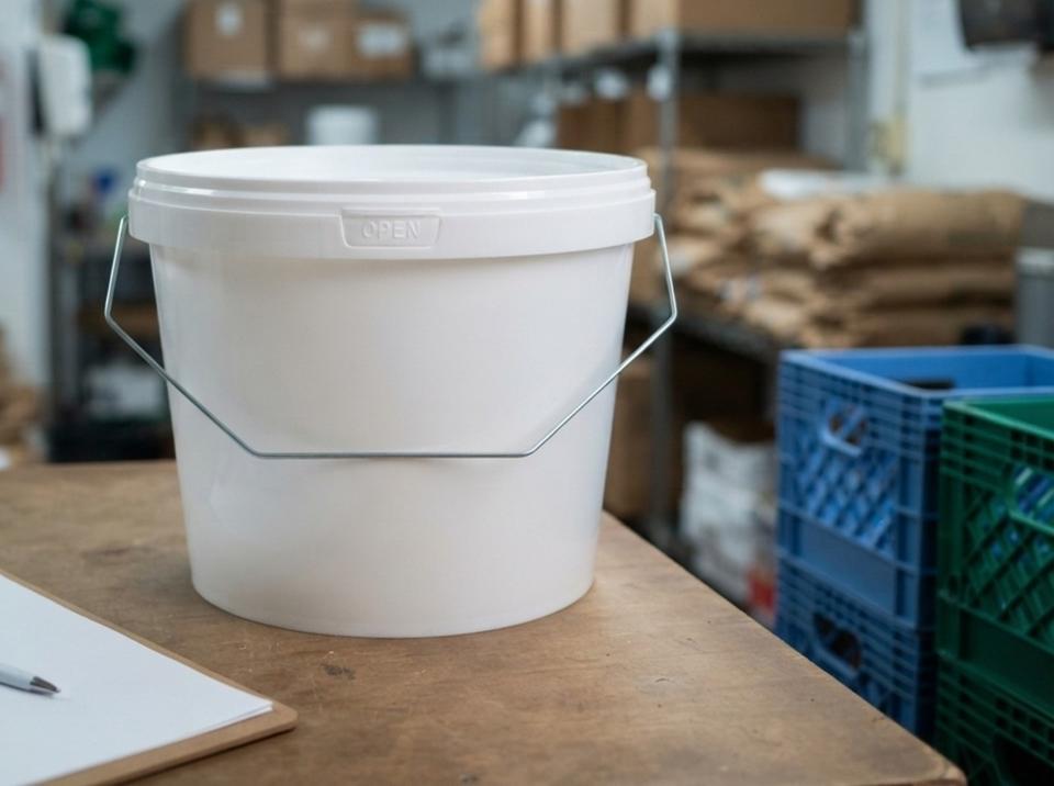 食品店后仓验收台上一只带金属提手和桶盖的 2.3 升白色塑料桶，旁边是写字夹板