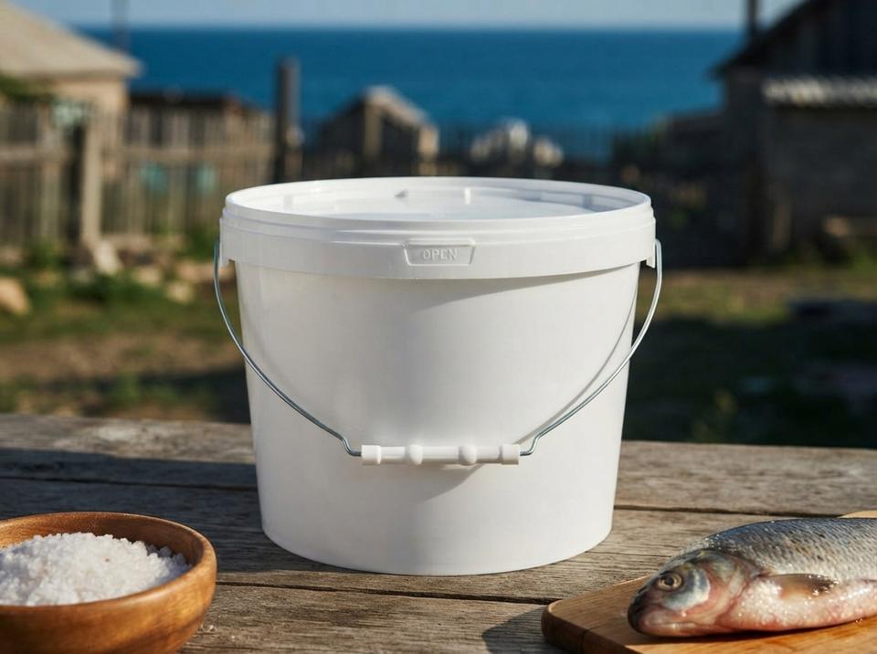White 8 L plastic bucket with lid and metal bail handle with plastic grip, on a table in a yard by the reservoir, next to a wooden bowl of coarse salt