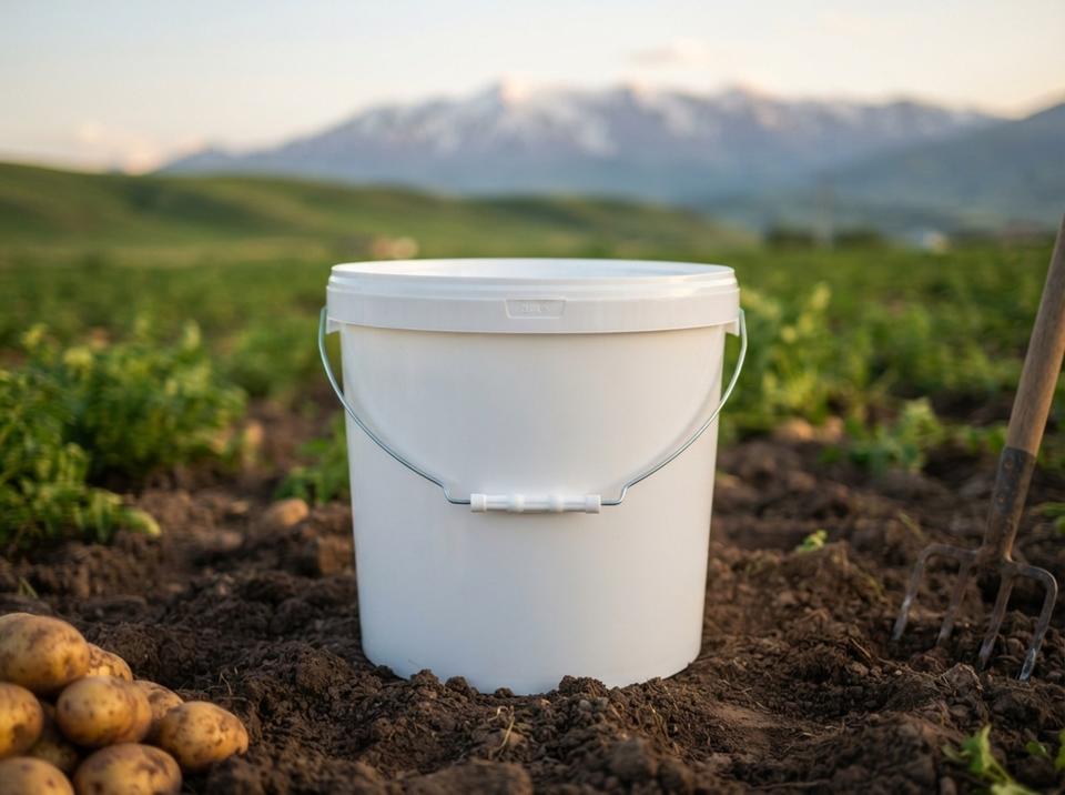 White 15 L plastic bucket with lid and metal bail handle with plastic grip in a potato field in eastern Issyk-Kul, next to a pile of potatoes and a pitchfork