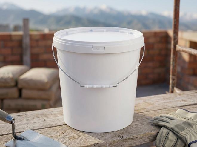 White 15 L plastic bucket with lid and bail handle with plastic grip on scaffolding planks in Bishkek next to a trowel