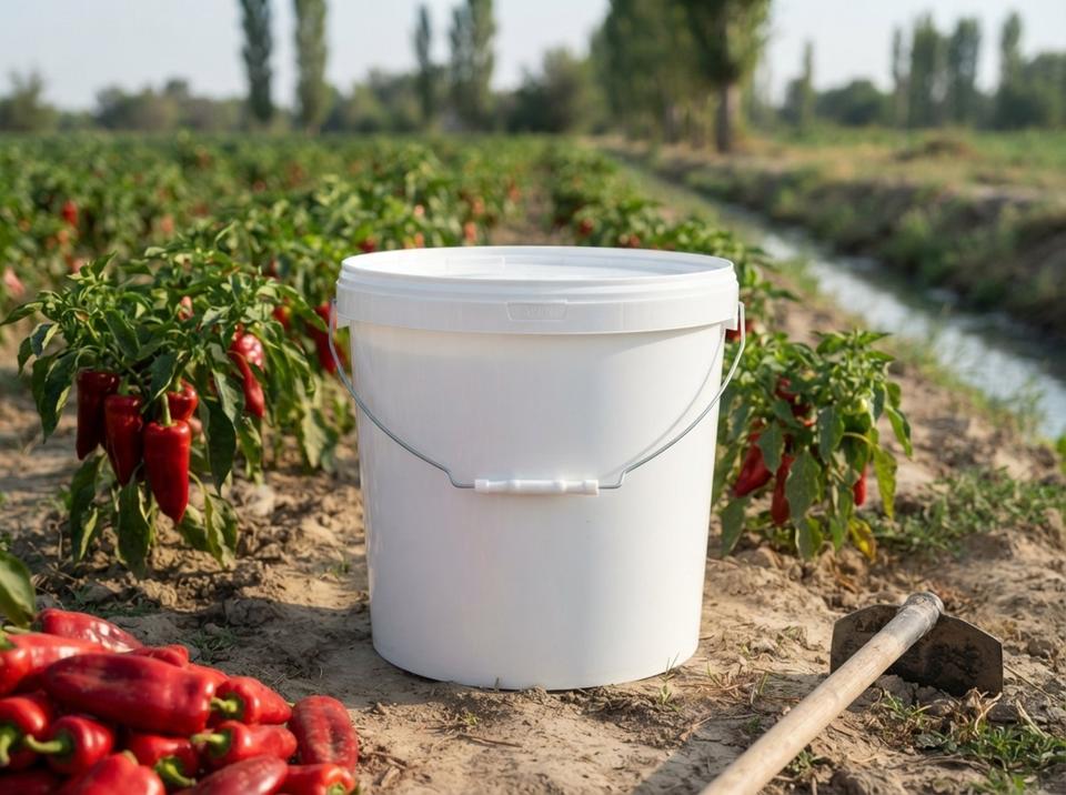 White 15 L plastic bucket with lid and metal bail handle with plastic grip between rows of red peppers by an irrigation ditch