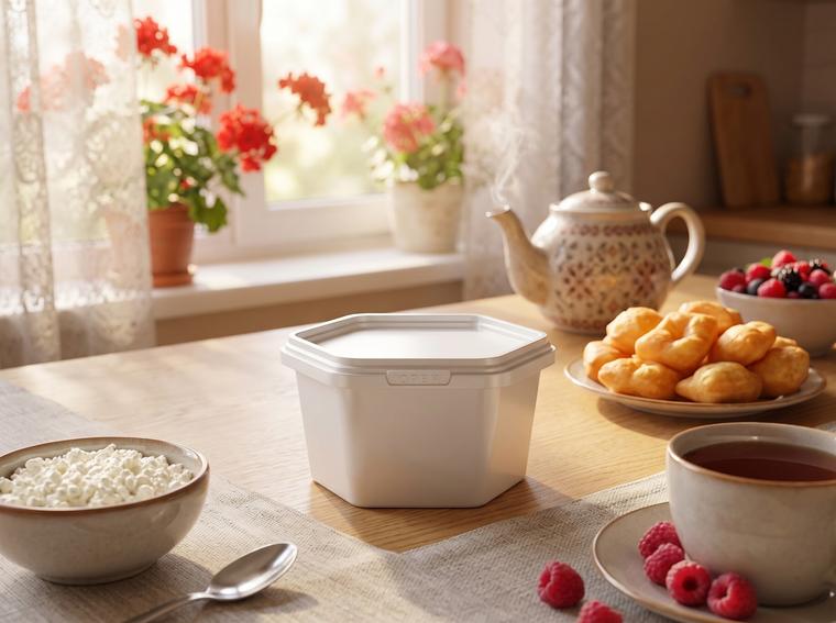 Hexagonal plastic food container, 250 ml, on a breakfast table