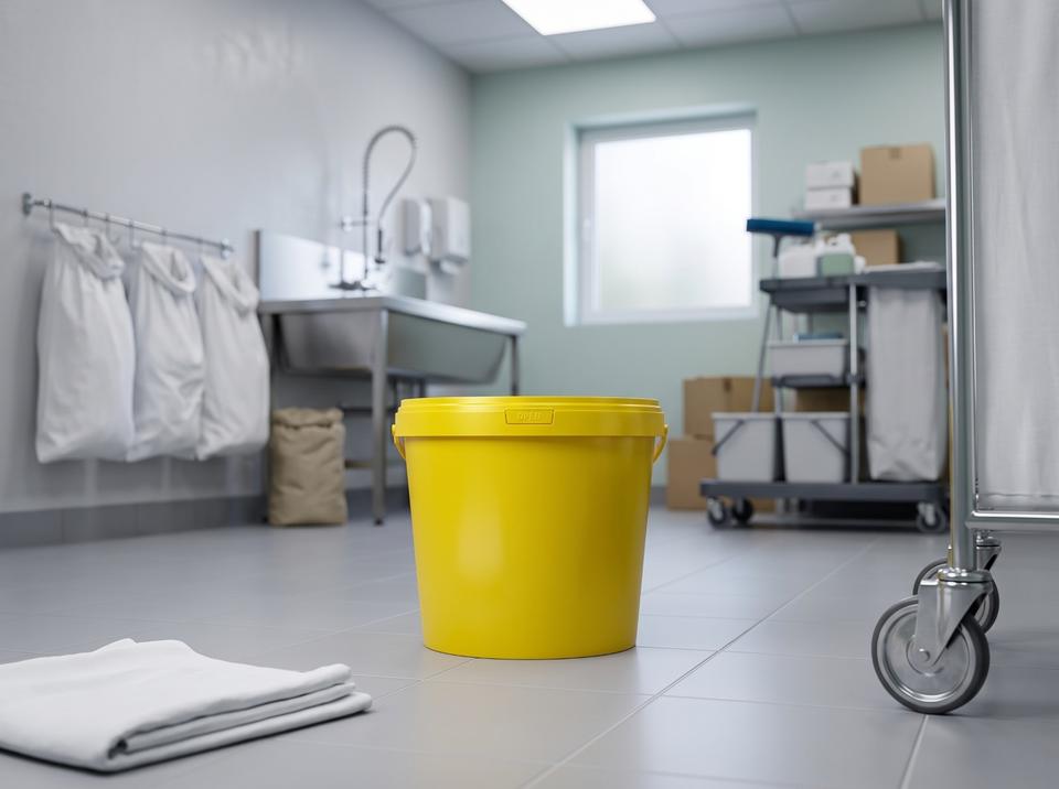 Yellow 5.6 liter medical waste bucket on the floor of a hospital ward utility room