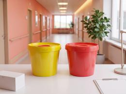 Yellow and red 5.6 liter medical waste buckets on a nurses' station counter in a hospital ward corridor