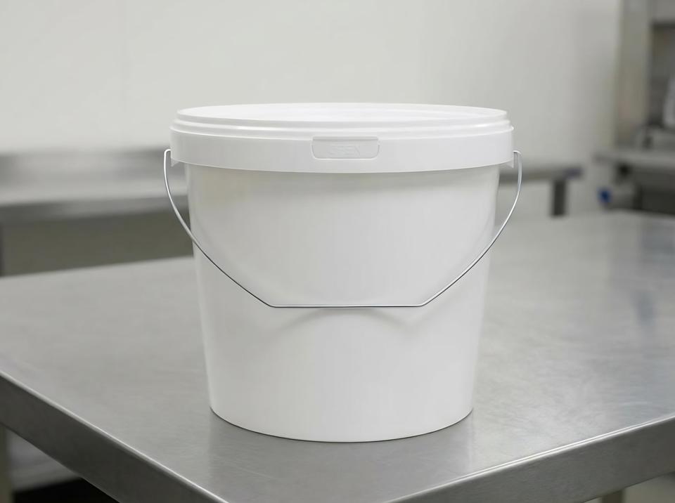 5.6 liter plastic bucket with lid on a workbench in a production shop