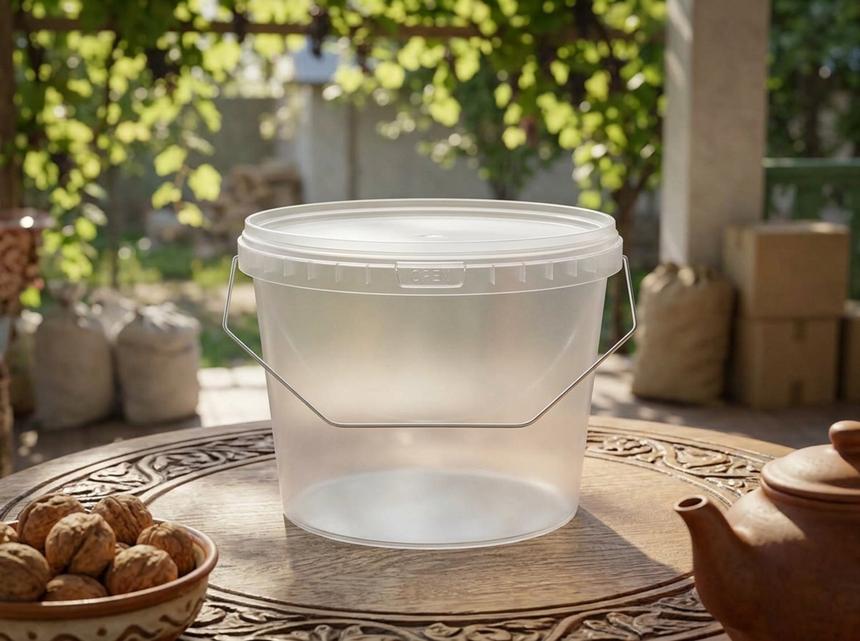 Clear 2.3 L plastic bucket with lid on a carved wooden veranda table in Jalal-Abad Region next to a bowl of walnuts