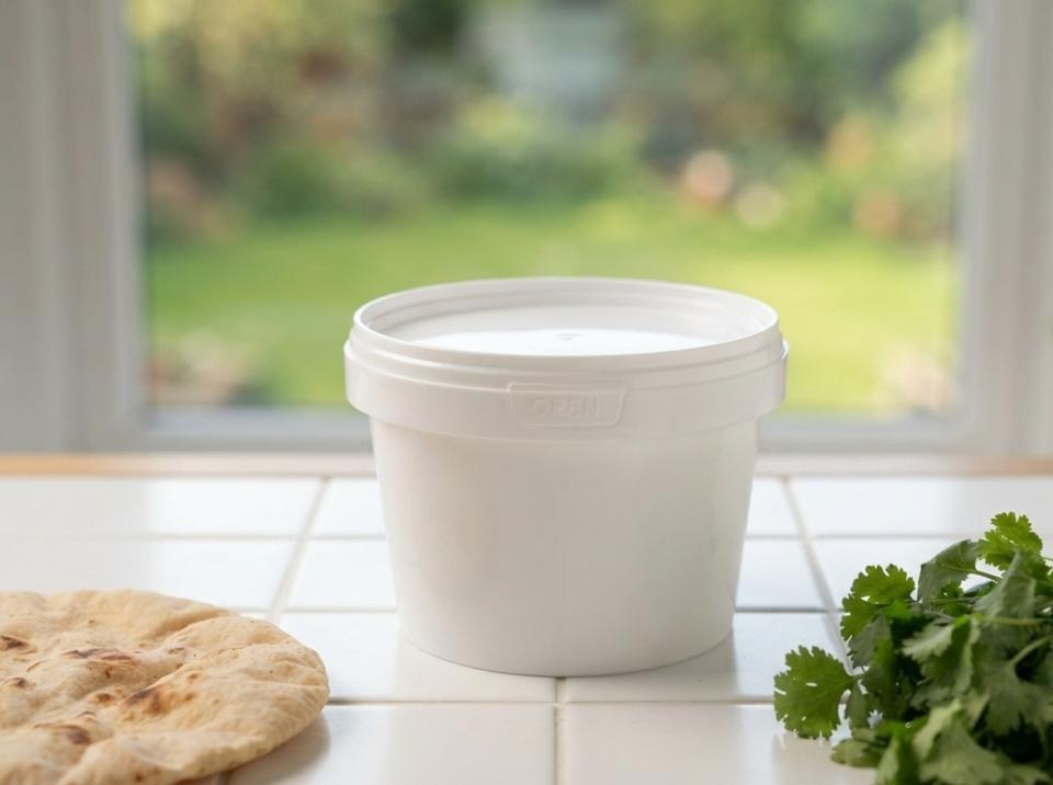 White 560 ml plastic bucket with lid on a tiled home kitchen counter next to flatbread and cilantro