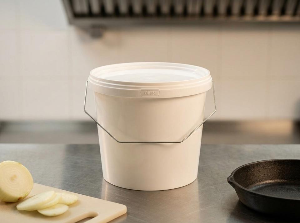 White 3.8 L plastic bucket with lid and metal bail handle on a steel table in a cafe kitchen, next to a cutting board with chopped onions